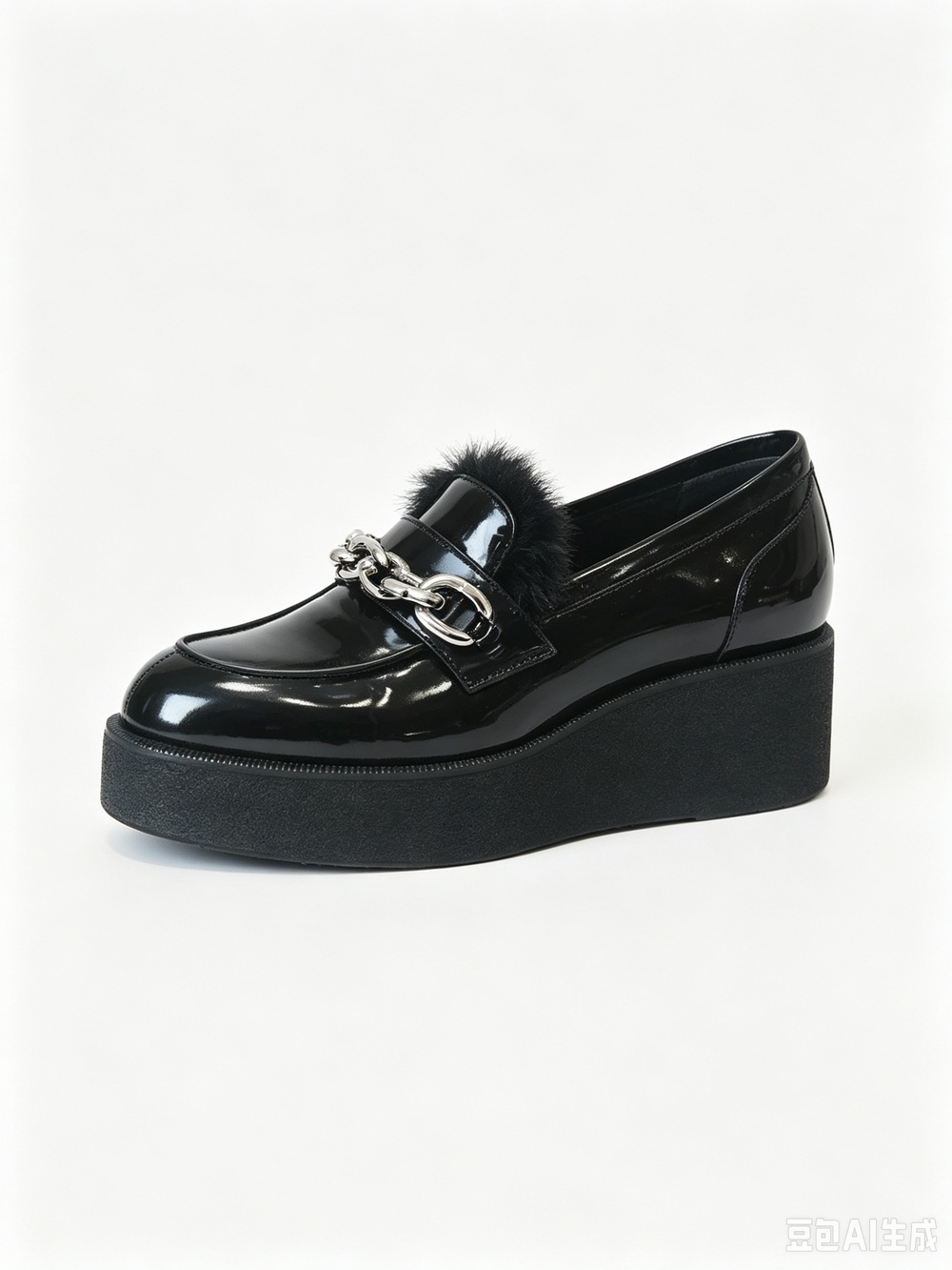 Louis Vuitton Black Patent Platform Loafer with Fur Trim